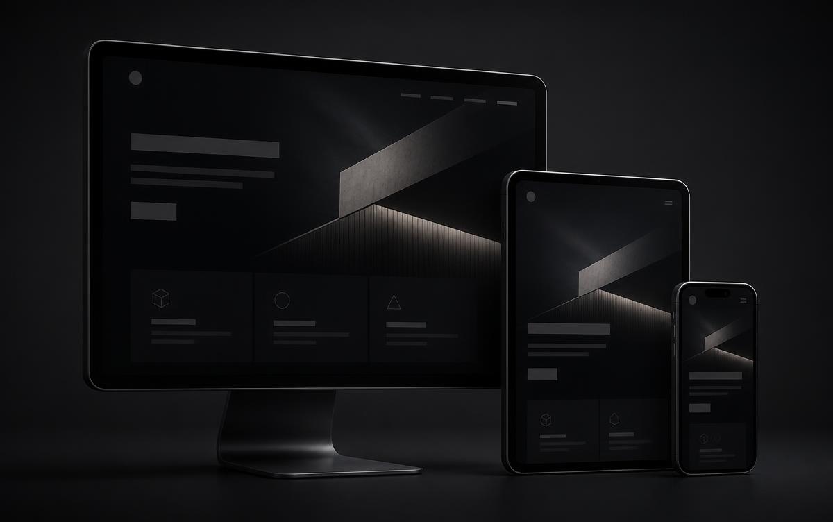 Mesmo site exibido em monitor, tablet e smartphone demonstrando responsividade